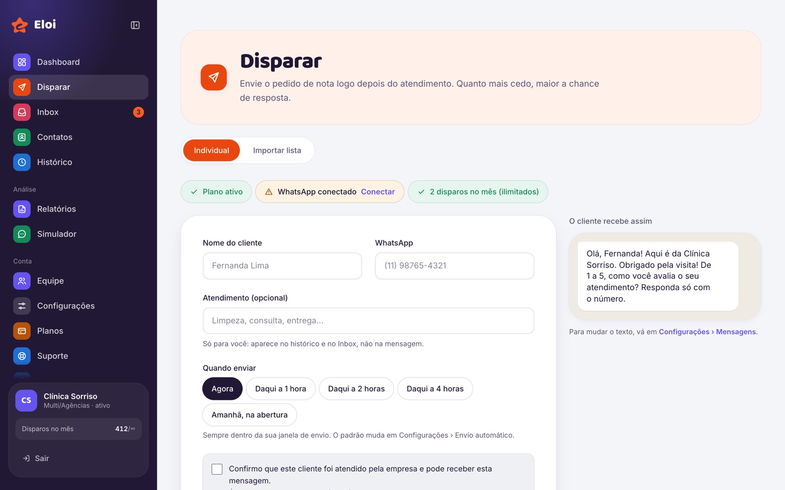 Tela Disparar do painel da Eloi, com nome e WhatsApp do cliente