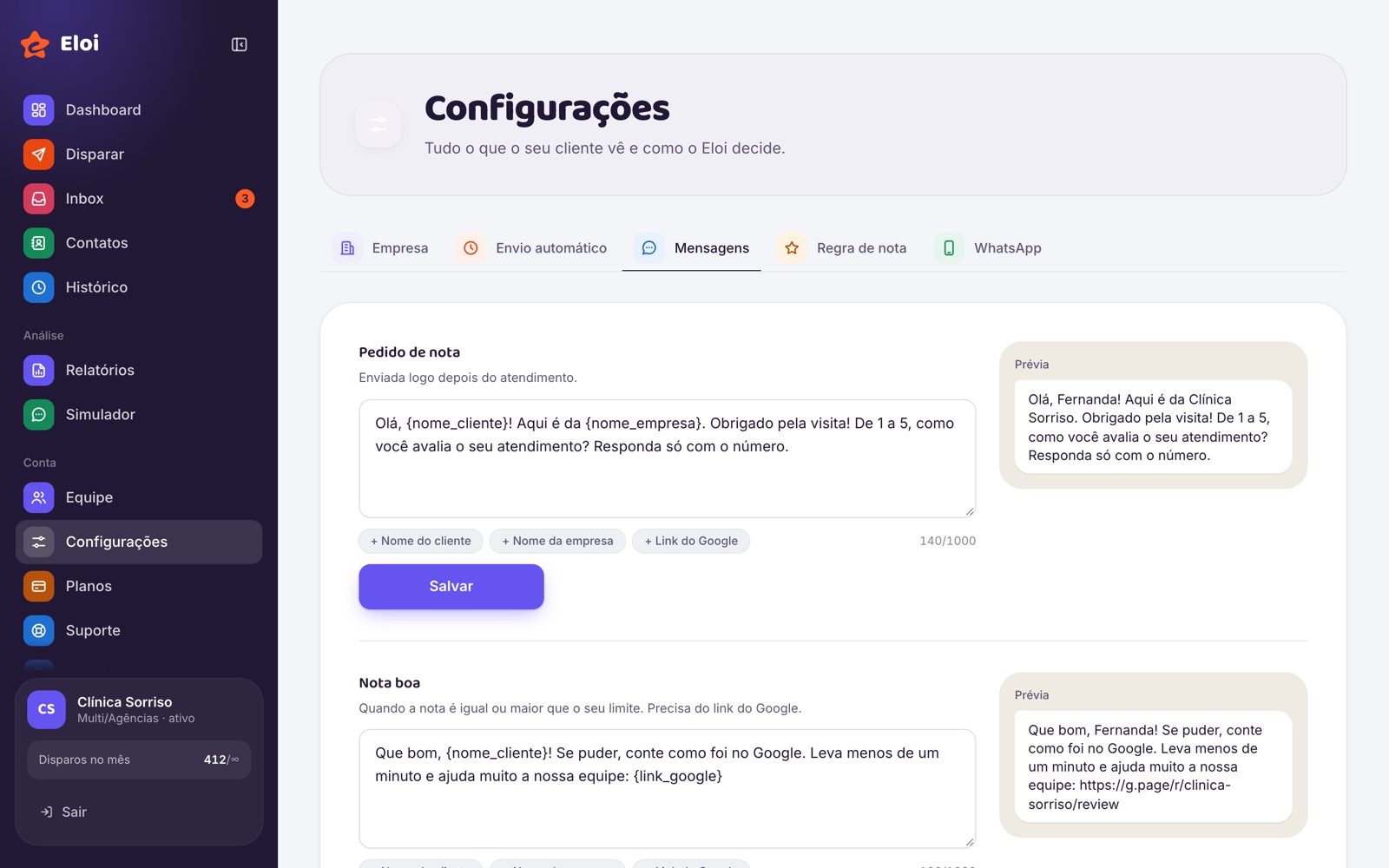 Configuração do texto das mensagens